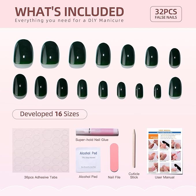 Green Press On Nails Short - RTKHFZE Soft Gel Press on Nails Almond Short Oval Fake Nails with Nails Glue,Fit Perfecty,Reusable Stick on Nails in 16 Sizes - 32Pcs Gel False Nails Kit