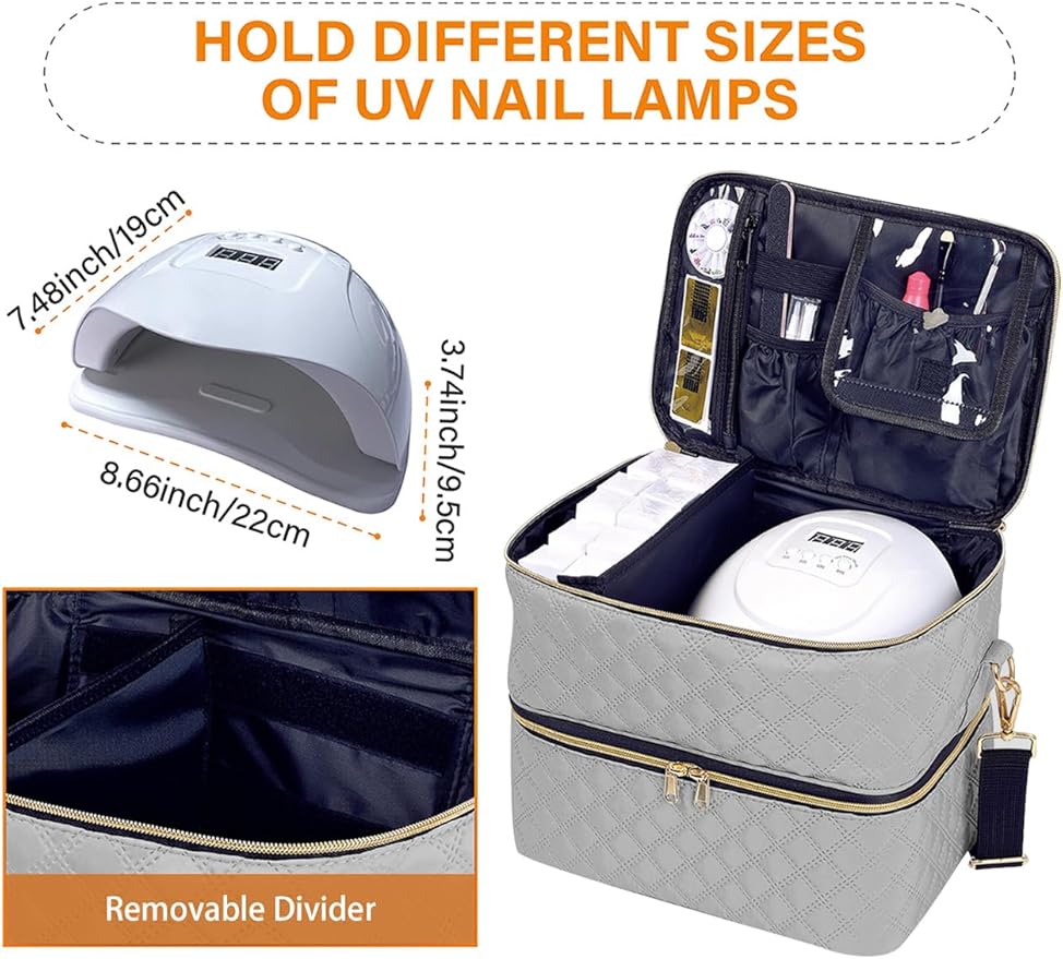 Nail Polish Organizer Case Holds 40 Bottles(15ml/0.5fl.oz) and Nail Lamp, Double Layer Nail Polish Storage with Adjustable Dividers,Portable Carrying Bag for Nail Kit, Manicure Tools Grey