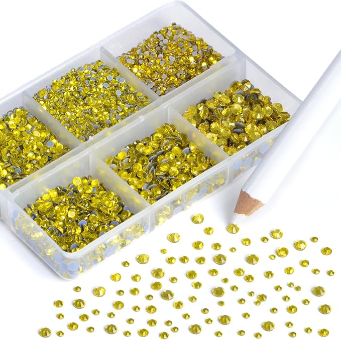 NCB Hotfix Iron on 8000pcs Crystal Rhinestones Round Gem for Crafts Decoration DIY Jewelry Making with a Picking Pen (Citrine, 6Sizes SS3-SS12)