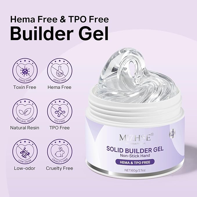 MIZHSE Hema-Free Solid Builder Gel for Nails, 60g Non-sticky 3D Sculpting Gel for Nail Art Clear Hard Molding Gel U V/LED Soak Off Extension Gel for Woman Girl Home DIY Manicure