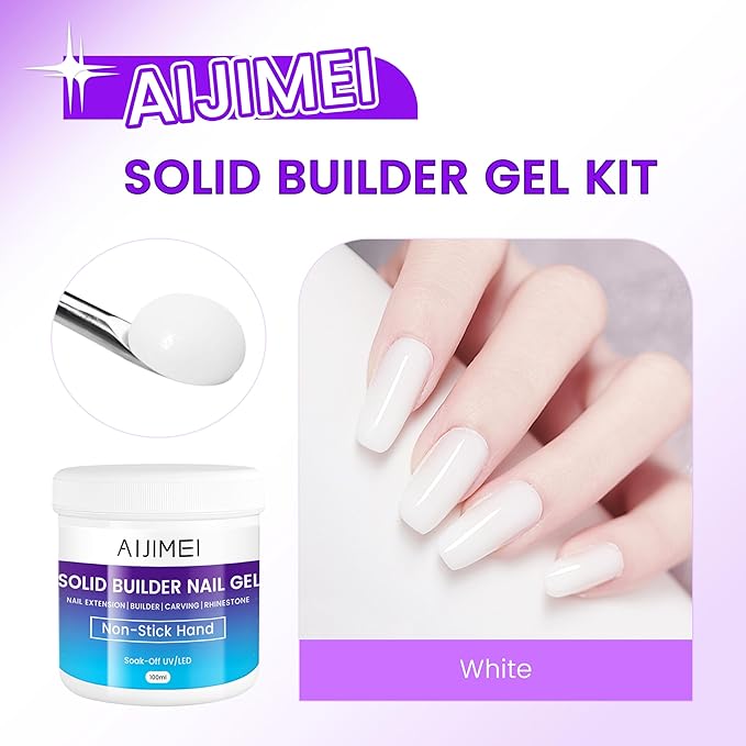 AIJIMEI Solid Builder Gel for Nails, Hard Builder Gel Set 3.3OZ Nail Art Nail Extensions for Nails Strengthening Salon Use (White)