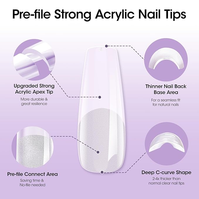 Gellen Tipex Instant Apex Nail Tips, Medium Coffin Gel Tips X Full Cover Nail Extension Tips, Strong Hard Clear Pre-etched Press-on Nails, Pre-file Underside False Nails for Flat Nails