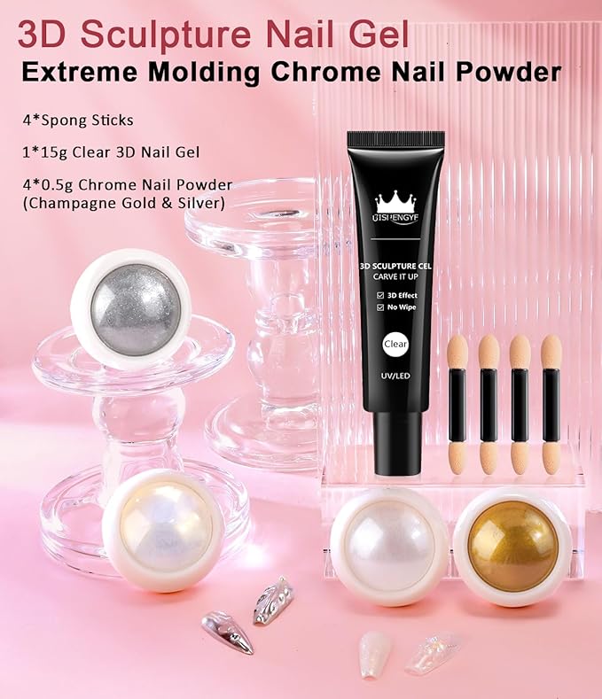 3D Nail Gel and Chrome Nail Powder: 15g No Wipe Clear 3D Sculpting Gel for Nail Non-Sticky Hand Hard Gel Carving Gel with Rose Gold White Pearl Chrome Powder for Nail Art Decoration Home DIY