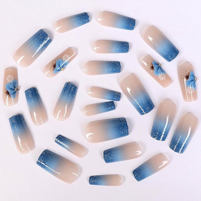 Long Square Press on Nails Light Blue Gradient French Tips Fake Nails Blue Glitter False Nails Glue on Nail with Flower Design Nails Press on Acrylic Full Cover Stick on Nail for Women