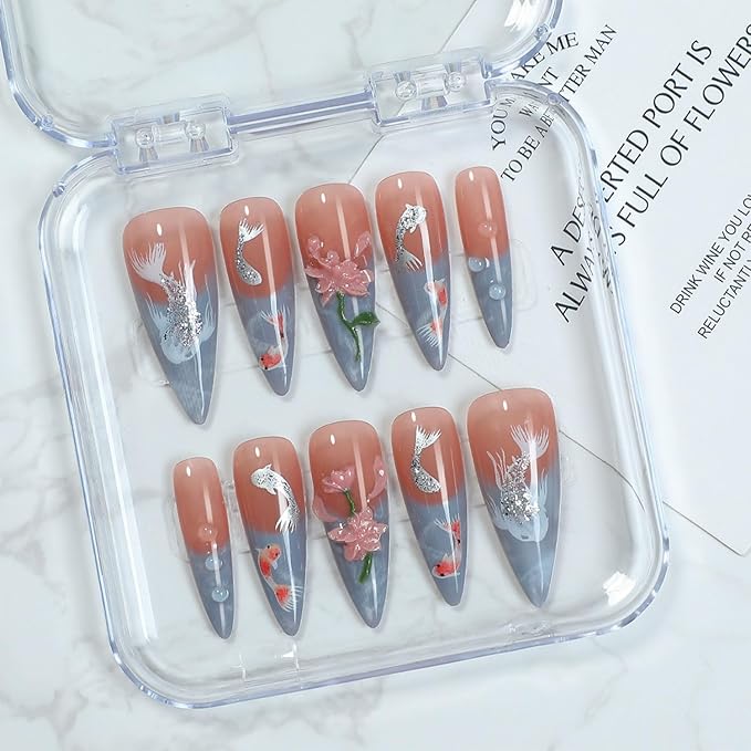 Long Almond Press on Nails Thick Handmade Nails with Glue,5D Lotus Flower Art Nude Pink False Nails Luxury Flash Koi Designs Press ons Muti-Layer Gel Handmade Nail for Women (Size S)