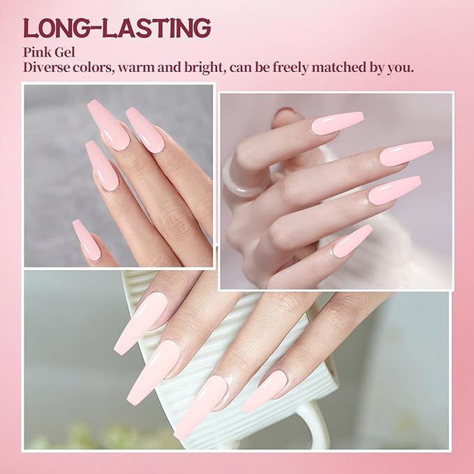 ADHERE Pink Gel Nail Set - 7 Colors with Brush, French Manicure, Soak Off LED Gel Polish, Nail Art DIY Gift