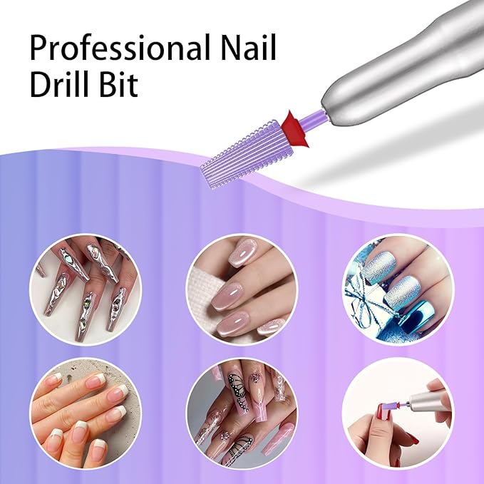 5 in 1 Nail Drill Bit, 3/32'' Professional Carbide Tungsten Drill Bit Nail Tech, Two Way Rotate Cuticle Gel Remover Drill Bit for Manicure Pedicure Acrylic Nail Poshling(Purple, Fine-F)