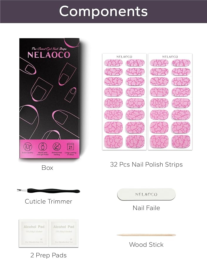 Nail Polish Strips – 32PCS UV Free Salon Quality Wraps, Long Lasting Gel Nail Stickers for Women (Pink Marble)