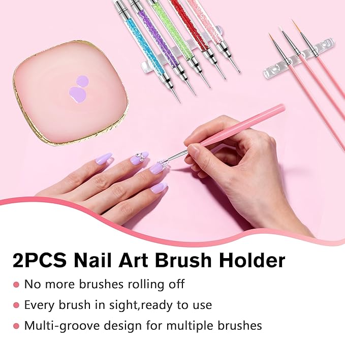 Nail Art Brushes, 23Pcs Set Nail Art Tools, including 2 Way Nail Art Sculpture Pen Dotting Pen Tools, Nail Art Brushes with Nail Brush Brackets, Resin Nail Art Palette for Nail Art DIY Tools (Pink)