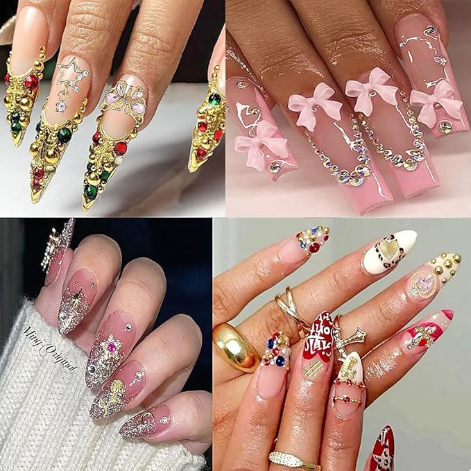 Nail Charms,Nail Rhinestones Kit with 4 Boxes of Nail Gems,Colorful Clear Flatback Rhinestone,3D Charms for Nails 3D Nail Art Design Kit Nail Decorations for Women