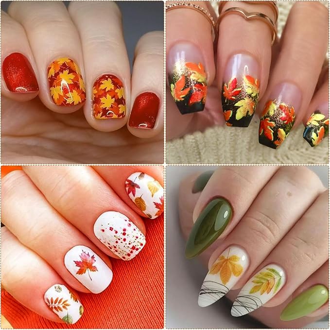 Fall Nail Art Stickers, Thanksgiving Day Laser Glitter Nail Decals, 3D Self-Adhesive Maple Ginkgo for DIY Nail Supplies Decoration(6 Sheets)