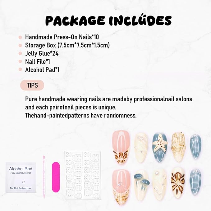 Luxury Press on Nails Short Almond Handmade 3D Starfish Fake Nails French Tip False Nails Flower Pearl Art Designs Glossy Stick on Nails Full Cover Thick Acrylic Nail for Women (Size M)
