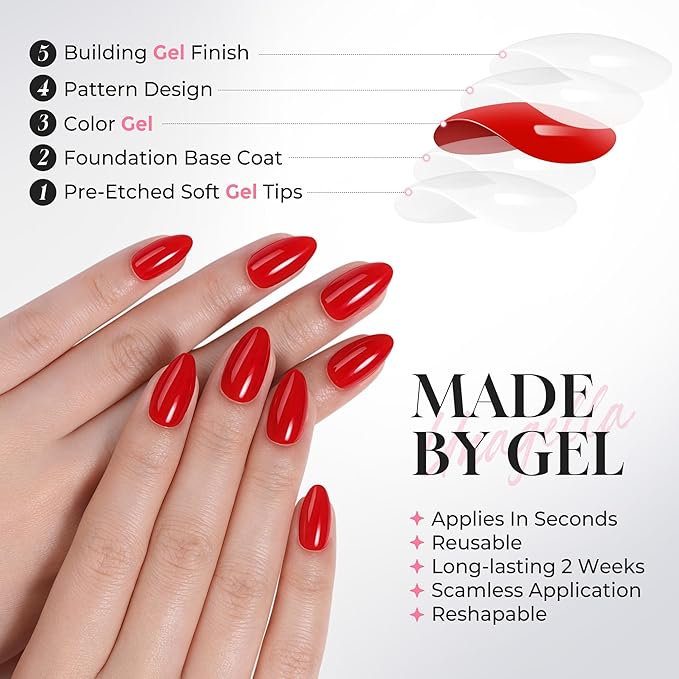 UNA GELLA 32Pcs Soft Gel Press on Nails - 16 Sizes Classic Red Almond Glue on Nails, Reusable Glossy Solid Red False Nails, Full Cover Acrylic Nail Kit for Women DIY Home Manicure