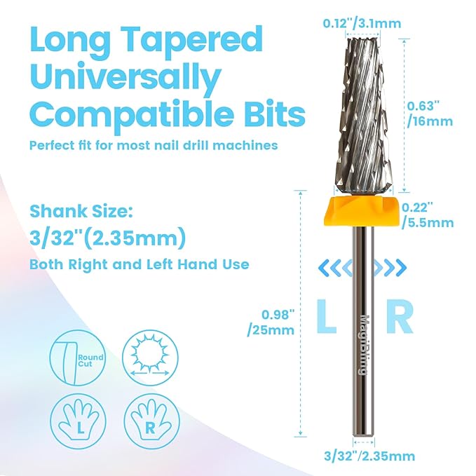 16mm 5 in 1 Tapered Barrel Nail Drill Bits, 3/32'' Safety Tungsten Carbide Bits, Right & Left Rotation, Manicure Cuticle Gel Acrylic Removal Polishing, Technicians Bits, Double Coarse