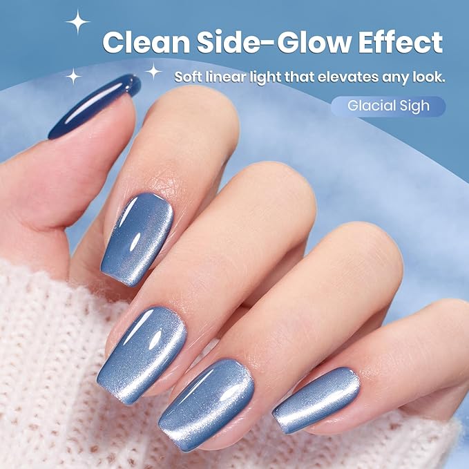 Beetles Glacial Sigh Blue Cat Eye Gel Nail Polish - 15ML Light Blue Cat Eye Glitter Gel Polish with Magnet Soak Off UV Velvet Nail Polish Salon DIY Nail Art Manicure Gift for Women