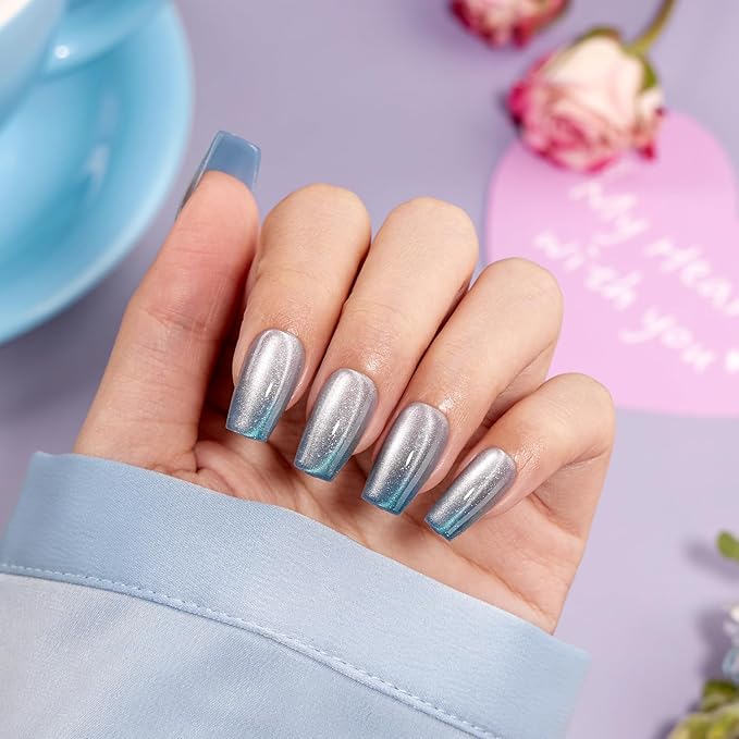 VSALON Press on Nails Medium Coffin, Ice Blue Cat Eye Chrome Shimmer Ombre Valentine Fake Nails, Reusable Soft Gel Semi-Transparent Glue on Nails, 32 Pcs in 16 Sizes Kits with Glue & Cuticle Oil