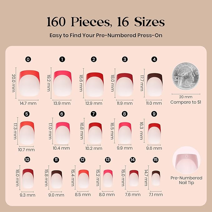 Beetles X Press Red French Tip Press On Nails | 5 Colors Valentine Press On Nails Short Square | 16 Sizes 160 Pcs Natural Salon Quality Soft Gel Nail