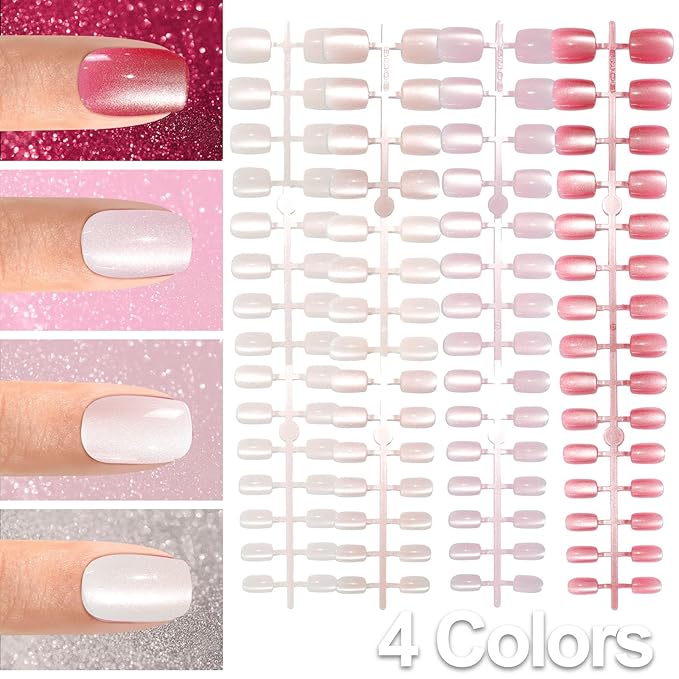 Allstarry Cat Eye Press on Nails, 15 Full Sizes Range Pink Rude Cat Eye Nails Press Ons 4 Colors Cateye Presson Nail for Women 120pcs Glossy Short Square Fake Nail Tips Stick DIY Salon
