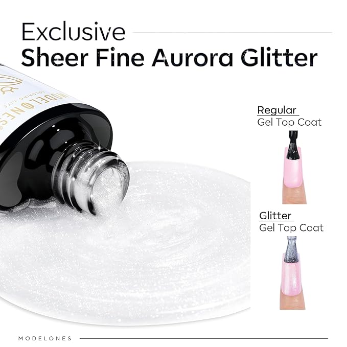 modelones Glitter Gel Top Coat, Ultra Fine White Aurora Clear Glitter Gel Polish Glossy Sparkle Finish Long Lasting Soak Off Pearlescent Shimmer Manicure Nail Art Gift for Women Girls