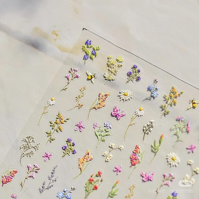 Dedyel Rural Wildflowers Nail Stickers 5D Embossed Wildflower Nail Stickers Spring Summer Red Yellow Blue White Flower Design Nail Art Decoration for Women Girls Kids
