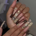 Press on Nails Coffin Long Length Acrylic Glossy Full Cover Square Shaped French False Nails with Designs Artificial Extra Long Fake Nails with Charms Glue ons Fingernails for Women(C080)