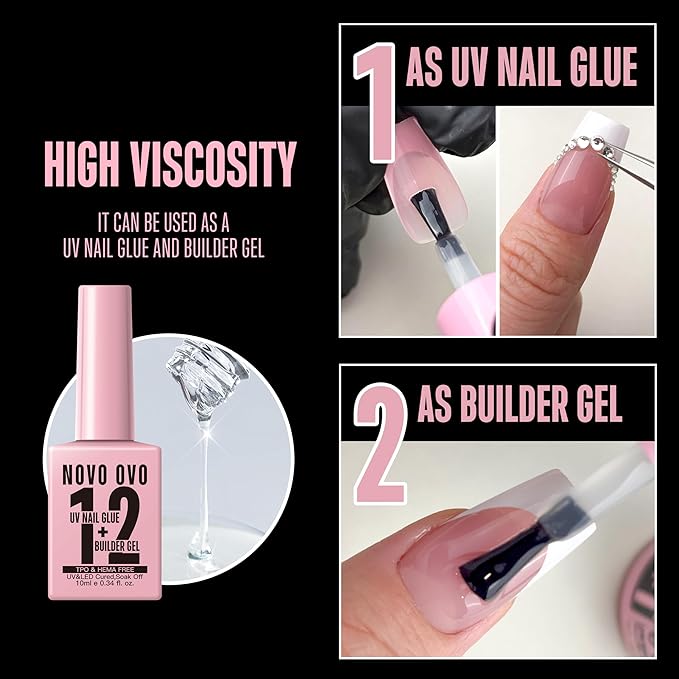 NOVO OVO UV Nail Glue and Builder Gel 2 in 1, No Wipe Top Coat Kit for Predesigned French Tip Nail Tips, HEMA TPO FREE, Super Strong Adhesive for Press on Acrylic Nails, Long Lasting, Easy to Use
