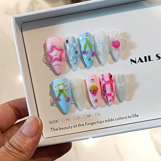 Handmade Press On Nails Almond,Blue Pink Summer Nails,Checkered Glitter Fruit False Nails with Rhinestone Stars Holographic Designs,Soft Gel Sweet Cute Fake Nails for Girls,10pcs(L,Blue Pink)