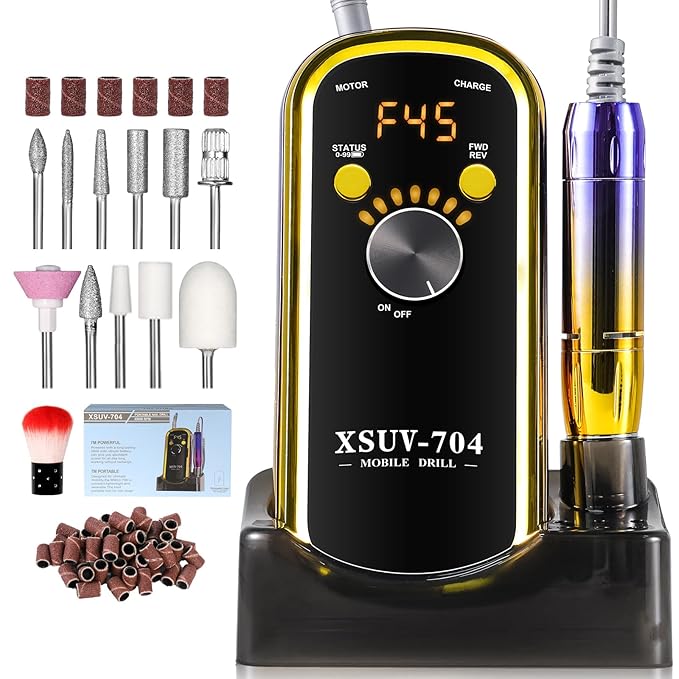 Professional Electric Nail Drill Kit 45000RPM with Bits and Base Yellow Portable Rechargeable Cordless Nail E- File Machine for Acrylic Gel Powder Nails and Manicure Pedicure Toenail Tool Set