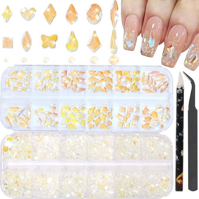 Nail Rhinestones - 3D Multi Shape Size, Flat Back, Manicure Rhinestones Charms, Crystal Aurora Gems, with Kit, for Nail Art, Bedazzling Acrylic Nails, DIY Decor