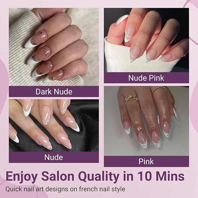 Gel X Medium Almond Press on Nails SXVME White French Nail Tips 300Pcs Pre-applied Tip Primer Natural Pink Fake Nails Extensions Gel X Nail Kit for Women Girls DIY