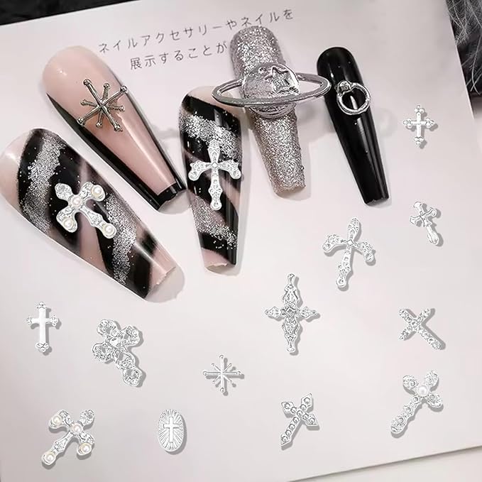 3D Cross Nail Charms for Nail Art, 60 Pcs Metal Crystal Cross Nail Decorations, Alloy Nail Studs and Rhinestones for Women Girl DIY Jewelry Crafts Supplies (Silver C)