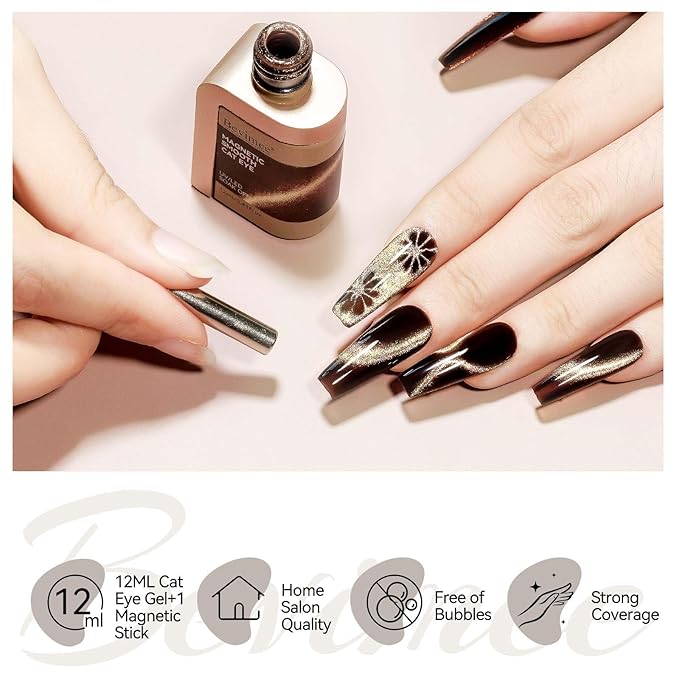 Cats Eye Gel Nail Polish, Dark Brown Magnetic Polish With Magnet, Glitter Holographic Shimmer Cateye Effect, UV Velvet Nail Art Manicure Salon DIY Home, 12ML