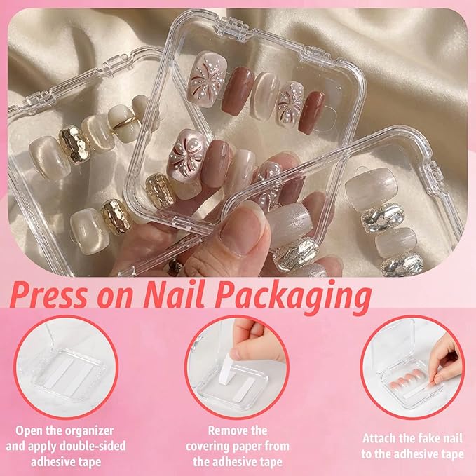 Clear Press On Nail Storage Containers 12-Pack Stackable Cases, Press Ons Nail Packaging Organizer Case, Acrylic Tips and Fake Nails Display Box for Travel and Salon Use (Clear 02)