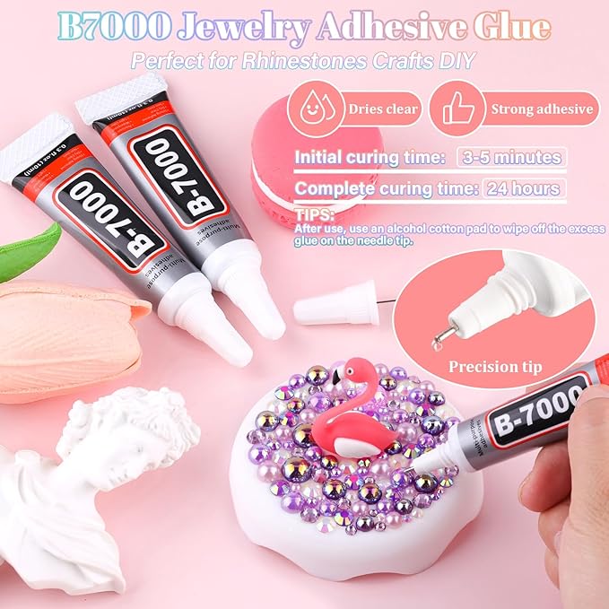14000Pcs Flatback Pearls and Rhinestones for Crafting, Purple Series Mixed Size 3-8mm Resin Rhinestones and Half Pearls for Bedazzling, Nail Art and Decoration with 3pcs B7000 Jewelry Glue