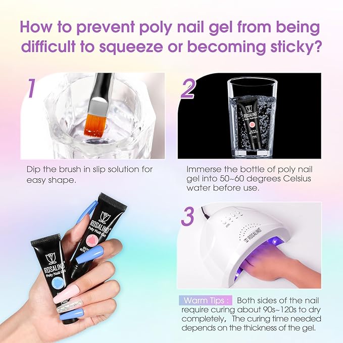 ROSALIND 20 PCS Colors Poly Nail Gel Kit -Neon Poly Nails Gel Kit Starter Kit - Slip Solution Pro Nude Pink Nail Extensions Gel Set With UV Lamp Drill Nail Art Builder Kit