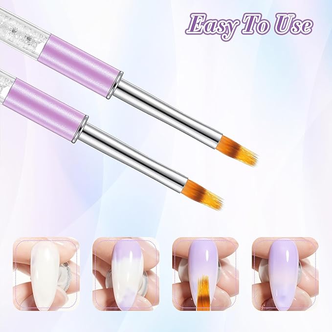 2PCS Nail Ombre Brush Nail Painting Art Brushes with Rhinestone Handle UV Gel Polish Nails Drawing Pen Nails Art Brushes for Nail Design