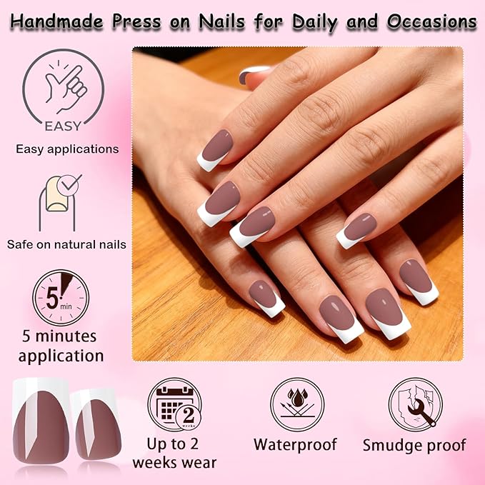 280pc French Tips Press on Nails Medium Square Fake Nail with Glue Tabs, French Tips Glue on Nails Press on Nail Square Acrylic Nails Medium Artificial Fingernails Women Girls Coffee False Nails