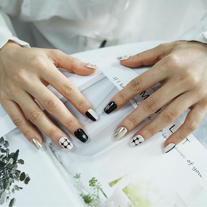 Trendy Press On Nails Black White Gold - 3D Short Square Nails Metallic Glitter Glossy Reusable Gel Press on Acrylic Fake Nail for Daily Nail Art (Starry Glow,S)