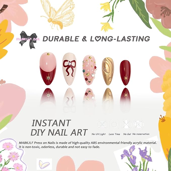 Christmas Press on Nails Medium Almond MABKJLF Fake Nails French Tip False Nails with Rhinestones Bow Pearls Designs Full Cover Glossy Glue on Nail Acrylic Nails for Women Girls 24Pcs