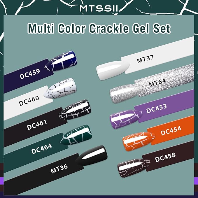 MTSSII 12pc Crackle Gel Nail Polish Set - 7 Colors, White, Silver, Black + Quick Dry Nail Art Kit