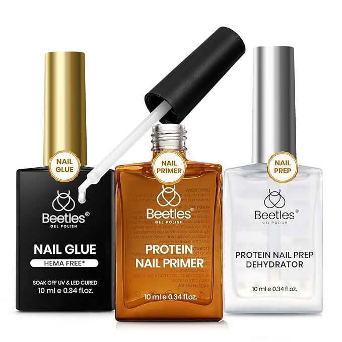 Beetles 3Pcs Gel Nail Glue Nail Dehydrator and Primer, Hema-Free & Acid Free Nail Bond Protein Prep Kit for Nail Tips & Nail Extensions, TPO Free, Long-Lasting Adhesion