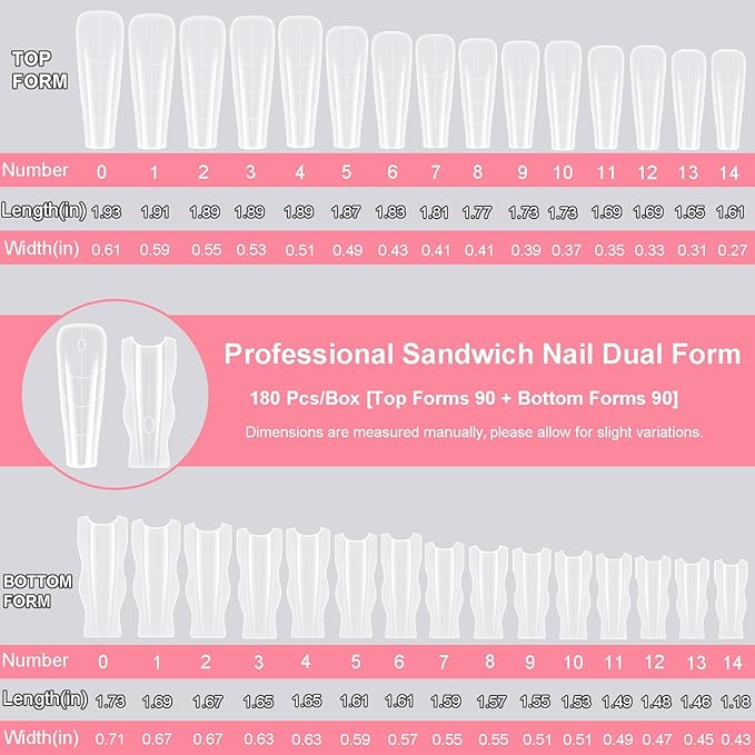 Sandwich Nails Dual Forms 180Pcs Long Coffin Shape, Nail Extension Forms with 15 Sizes, Reusable Plastic Nail Mold for Builder Gel & Poly Gel, No Paper Form Needed, Salon & Home DIY Nail Art