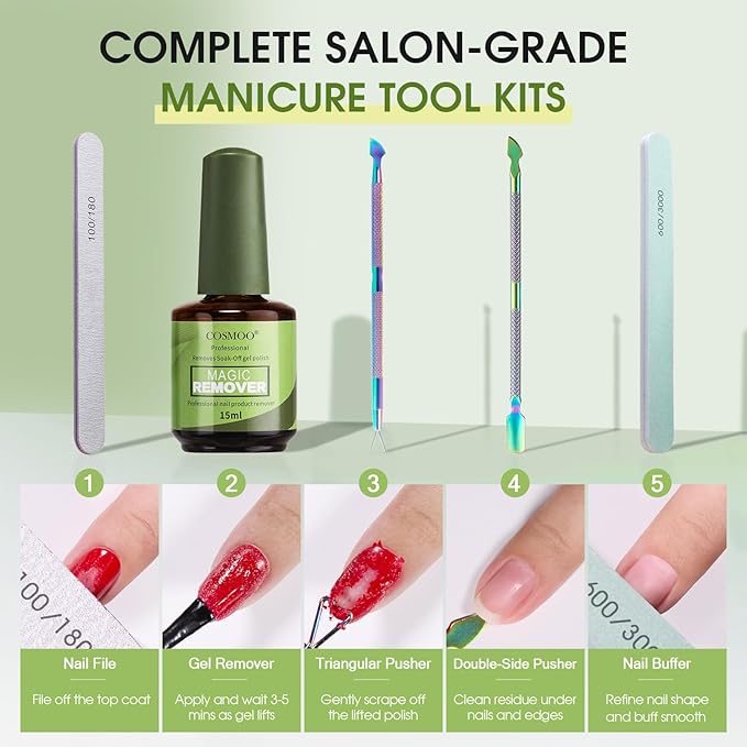COSMOO Magic Gel Polish Remover Kit, Professional Gel Remover for Nail, Quickly Remove Gel Nails Polish in 2-5 Minutes, Includes Tools Nail file and Nail Removal Push