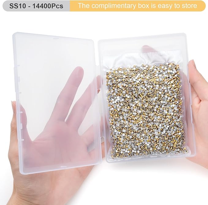 Flatback Rhinestones Bulk, 14400PCS Gold Rhinestones for Clothes DIY Decoration Crafts, Gold, SS10, 2.7-2.9mm