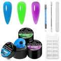 MEET ACROSS Solid Builder Gel Kit, 3 Colors Thickening Neon Blue Breen Purple Nail Strengthener Builder Gel Kit with Brush Pen Soak Off UV Nail Extension Manicure Supplies
