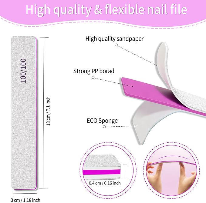 Nail Files 100/100 Grit Washable 25pcs Double Sides Nail File for Natural Nails and Poly Nail Extension Gel Fingernail Files for Nails
