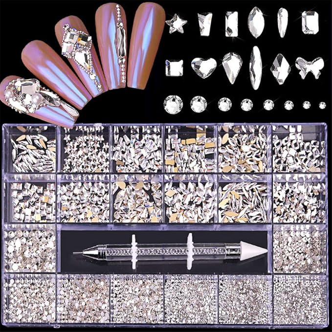 600+2100 Pcs Crystal Rhinestones Nail Art Set Nail Gems White Clear Class Multi-Shape Flat Back Shiny Nail Jewels with Picking Pen for Nail Art DIY Crafts Phones Clothes Shoes Jewelry Bag