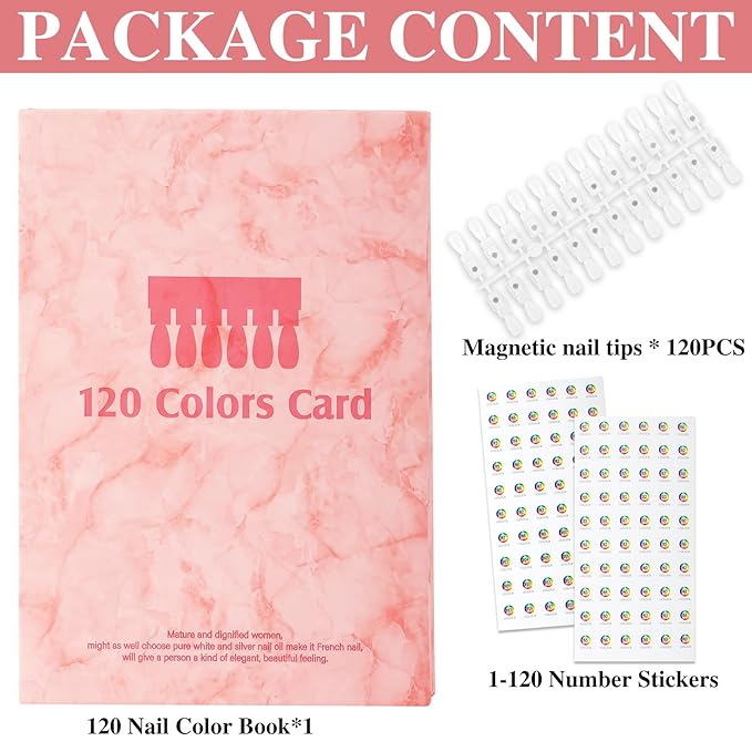 120 Magnetic Nail Color Book,Leather Magnetic Color Display Book with 120 Magnetic Tips & 1-120 Number Labels,Perfect for Nail Polish Nails Art Design(Pink)
