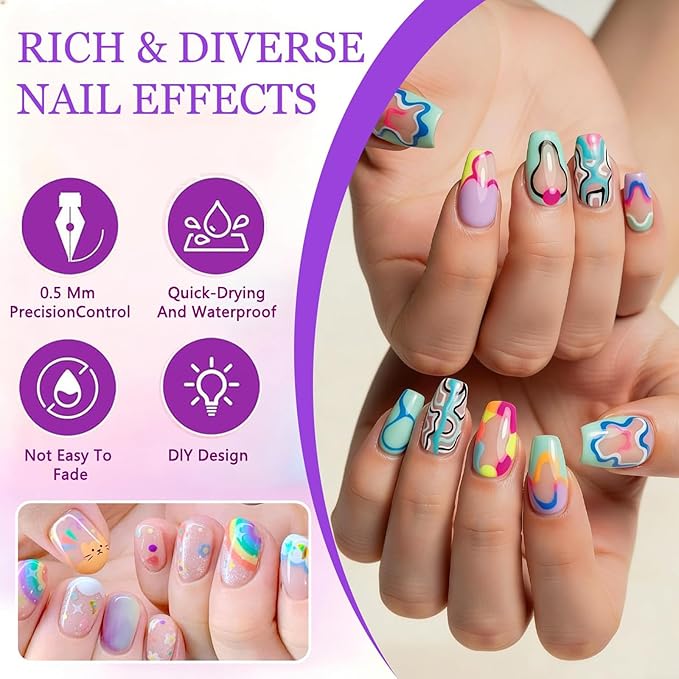 12 Colors Nail Art Pens Set, Nail Art Markers for Painting Nails - 0.5mm Fine Tip Nail Pens for Nail Art, Water-Based Quick Dry Nail Art Supplies Kit, Solid Color DIY Nail Art Tools