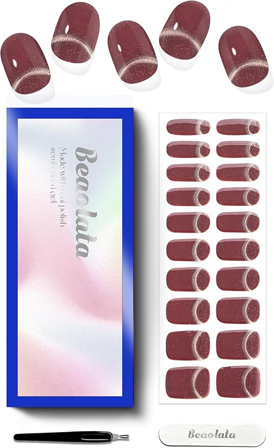 Semi Cured Gel Nail Strips - UV Light Gel Nail Stickers - 20 Long Lasting Salon Quality Wraps (Lunar Beam Red)
